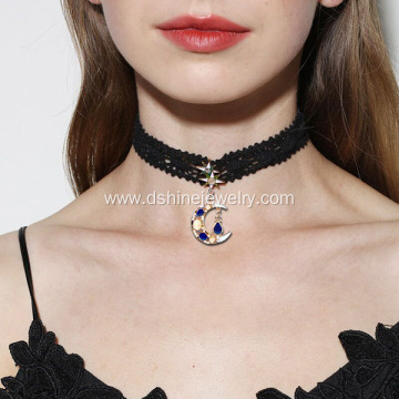 Star Moon Crystal Rhinestone Black Lace Chain Velvet Choker
